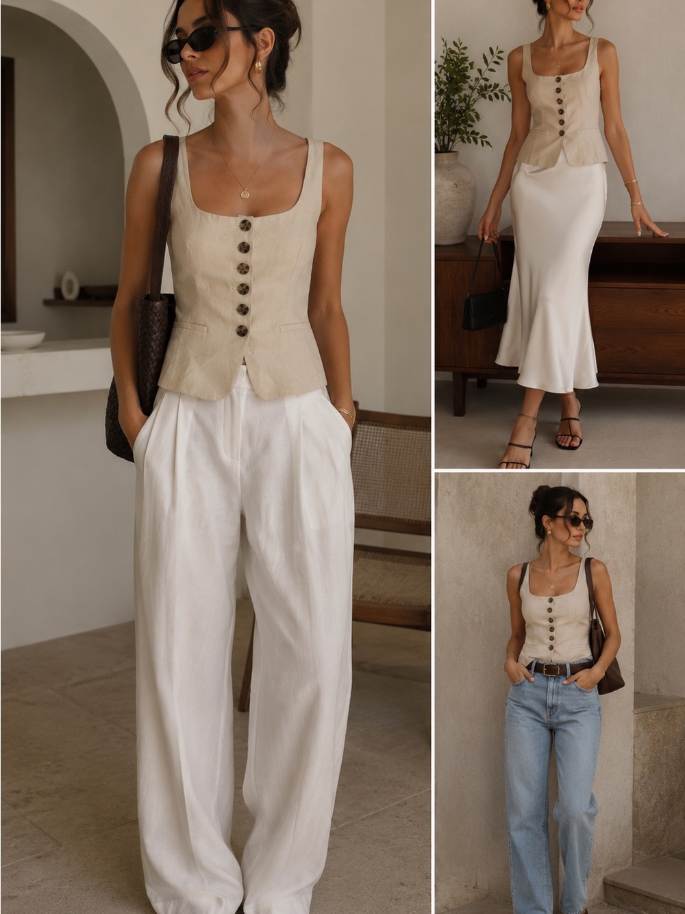 L'Academie Linen-Blend Neutral Button Front Corset Tank in Beige and White
